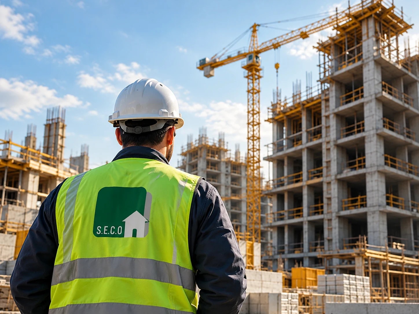 مهندس يرتدي سترة سيكو أمام موقع إنشاء